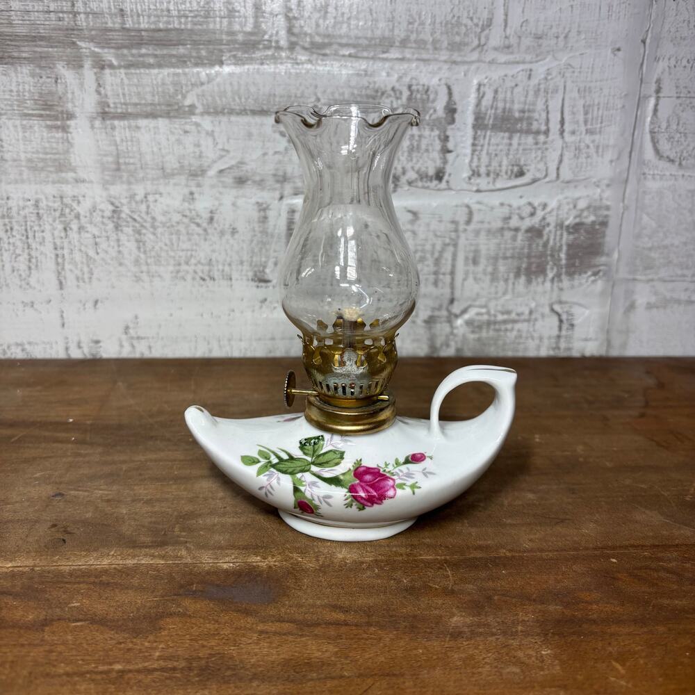 Vintage Porcelain Miniature Aladdin Style Oil Lamp Floral made in Hong Kong